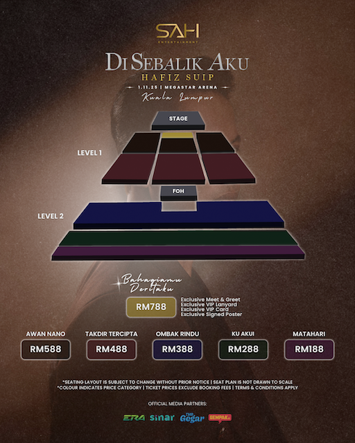 Seating map rasmi untuk konsert Hafiz Suip, menunjukkan zon Platinum, Gold, Silver dan General Admission