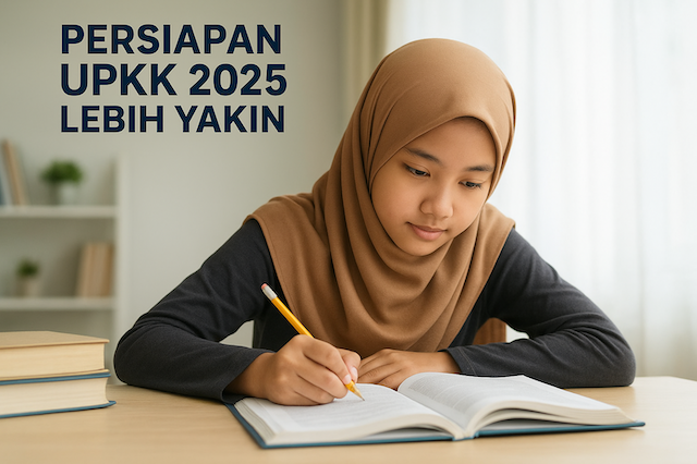 Seorang pelajar perempuan berhijab sedang belajar dengan tekun sebagai persediaan UPKK 2025 bersama Fly High Education