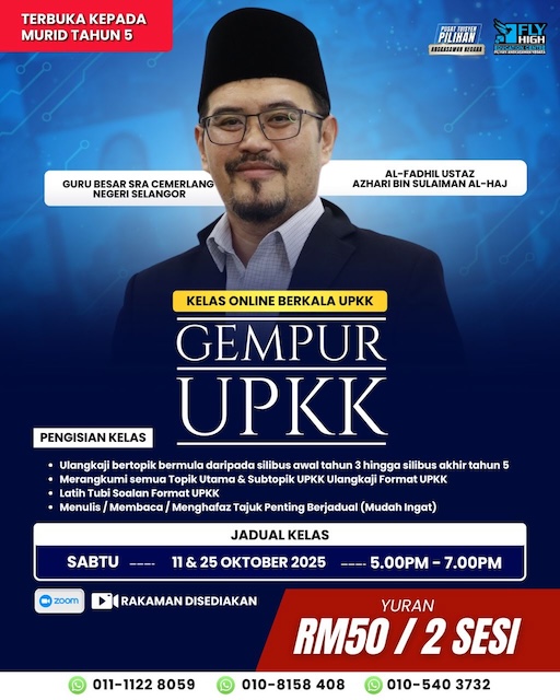 Poster promosi Kelas Online Gempur UPKK 2025 bersama Fly High Education – ulangkaji silibus, teknik mudah ingat dan latih tubi