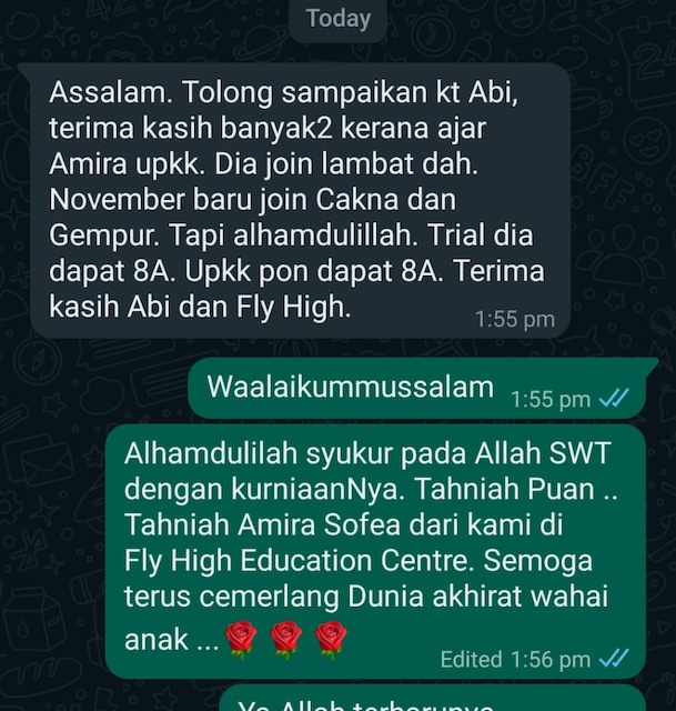 Perkongsian WhatsApp ibu pelajar tentang perubahan positif anak selepas mengikuti kelas intensif bersama ABI di Fly High Education Centr
