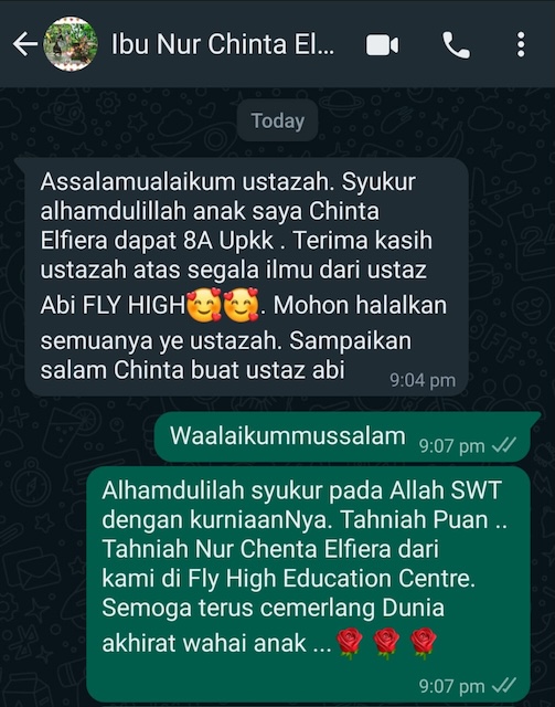 ngkapan skrin WhatsApp daripada seorang ibu pelajar yang berterima kasih kepada ABI kerana bimbingan anaknya sehingga berjaya dalam UPKK.