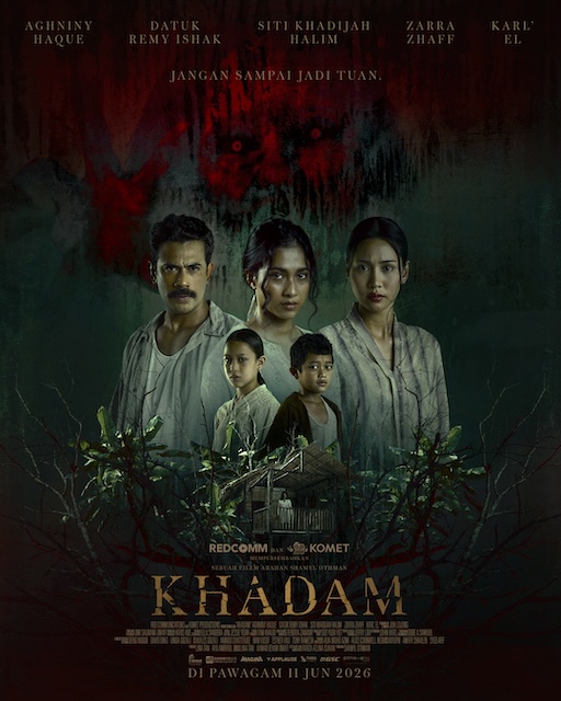 Poster rasmi Filem Khadam filem seram Malaysia arahan Shamyl Othman yang menampilkan elemen misteri dan gelap.