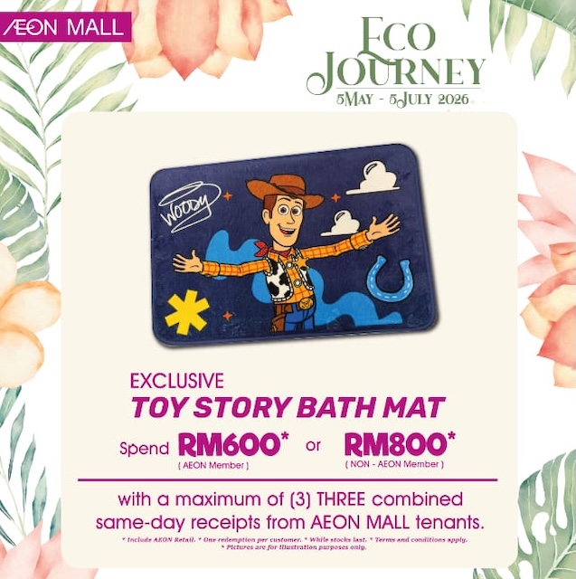 AEON MALL Toy Story Bath Mat eksklusif sebagai ganjaran istimewa kepada pelanggan sempena Eco Journey 2026