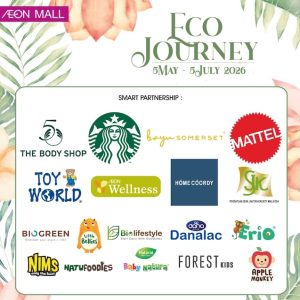isual poster kempen AEON MALL Eco Journey 2026 dengan gabungan pelbagai jenama terkenal seperti The Body Shop, Starbucks dan Mattel