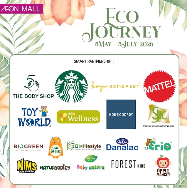 isual poster kempen AEON MALL Eco Journey 2026 dengan gabungan pelbagai jenama terkenal seperti The Body Shop, Starbucks dan Mattel