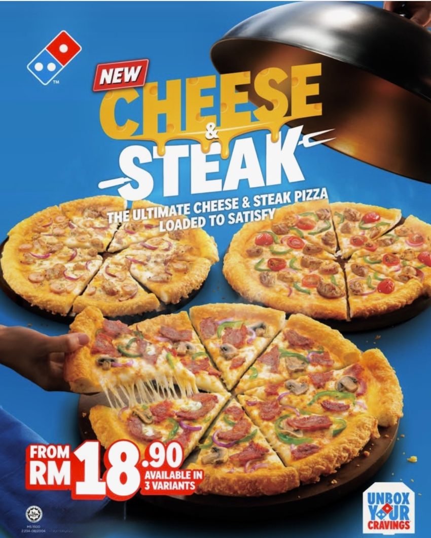 Tiga pilihan pizza Domino’s Cheese & Steak Beef Signature, Chicken Deluxe dan Chicken Classic